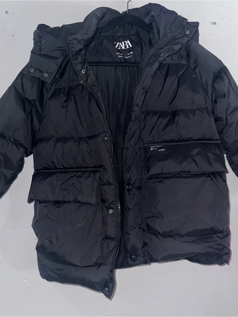 Zara Kids Black Puffer Jacket with Hood and Front Flap Pockets